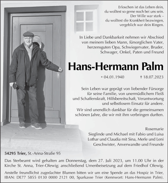 Traueranzeige von Hans-Hermann Palm von trierischer_volksfreund