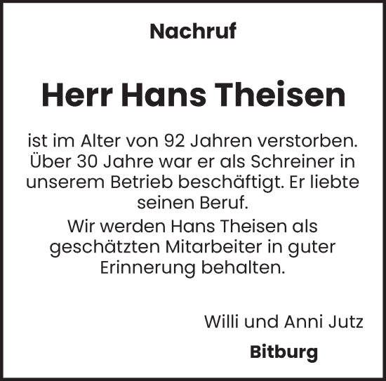 Traueranzeige von Hans Theisen von trierischer_volksfreund