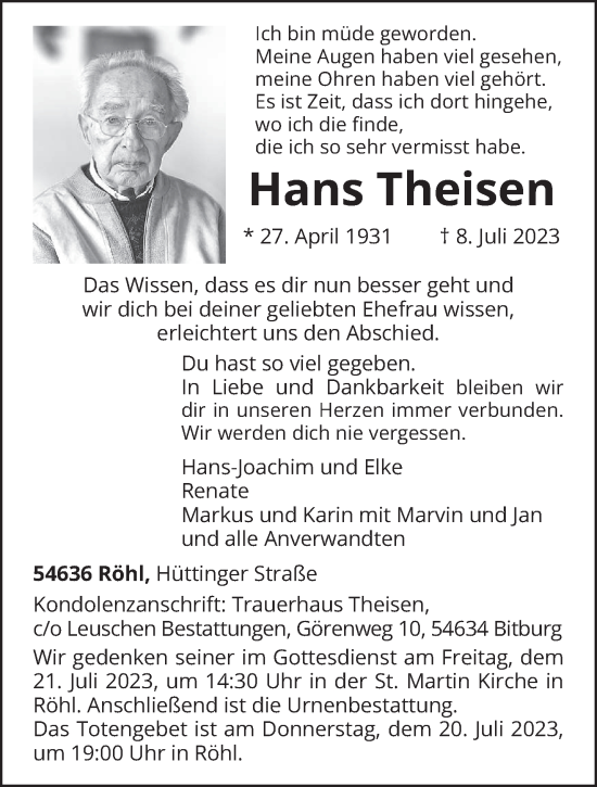 Traueranzeige von Hans Theisen von trierischer_volksfreund