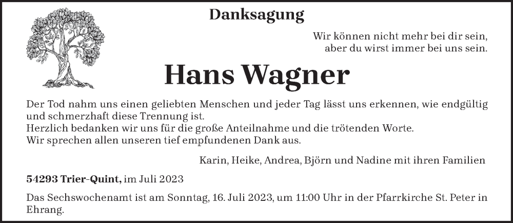  Traueranzeige für Hans Wagner vom 12.07.2023 aus trierischer_volksfreund