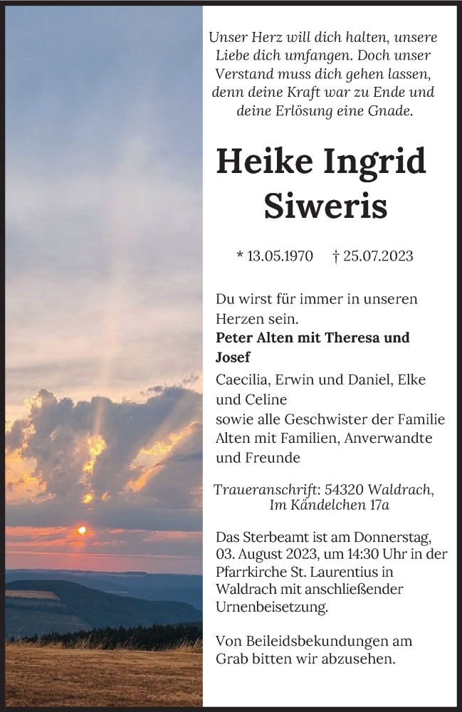  Traueranzeige für Heike Ingrid Siweris vom 29.07.2023 aus trierischer_volksfreund