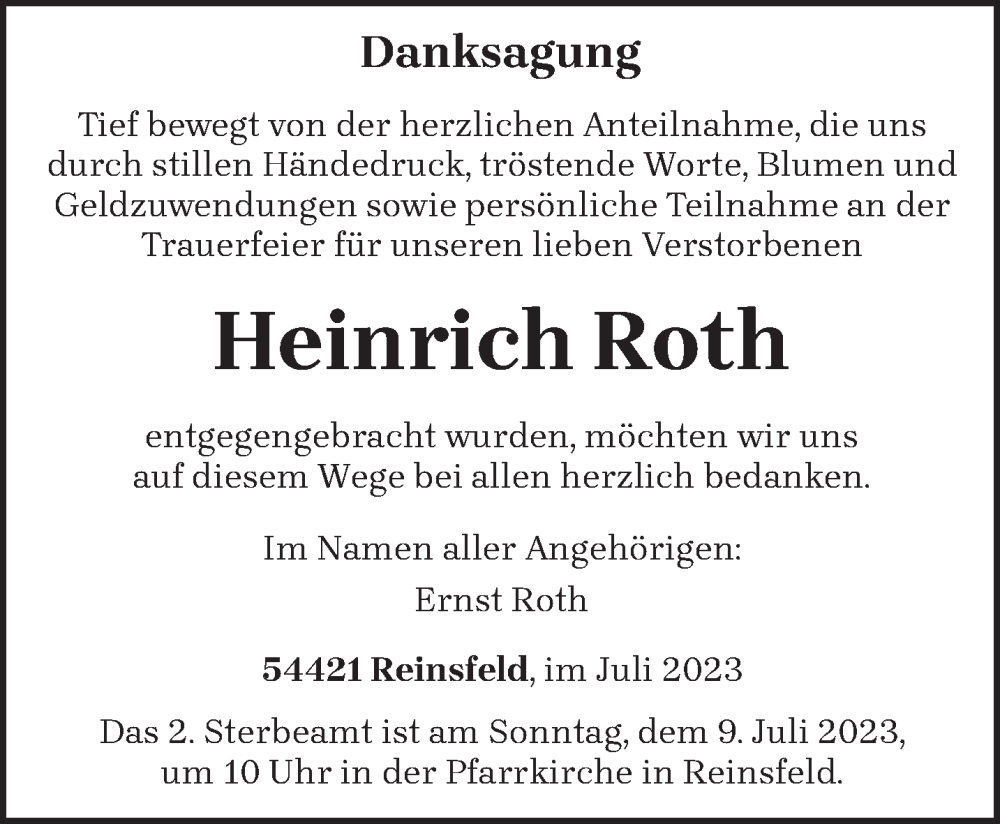  Traueranzeige für Heinrich Roth vom 01.07.2023 aus trierischer_volksfreund