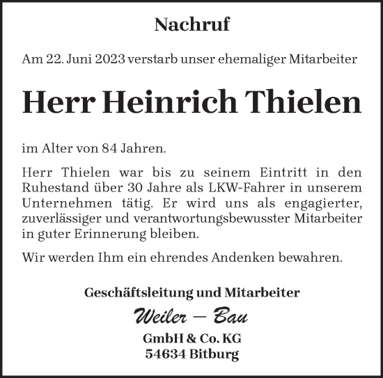 Traueranzeige von Heinrich Thielen von trierischer_volksfreund