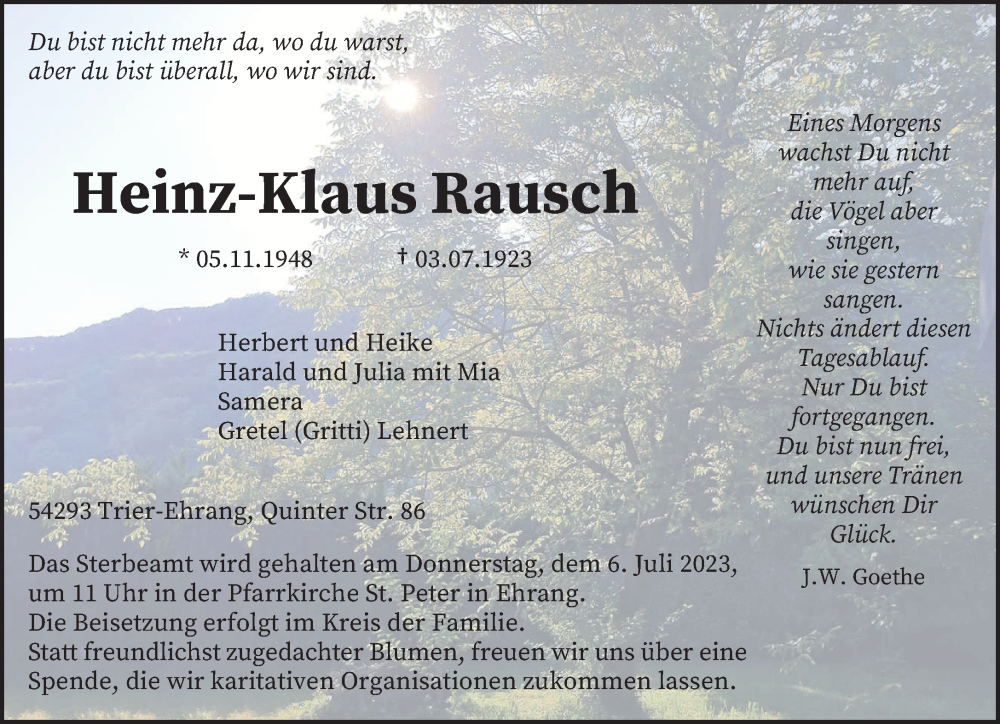  Traueranzeige für Heinz-Klaus Rausch vom 04.07.2023 aus trierischer_volksfreund