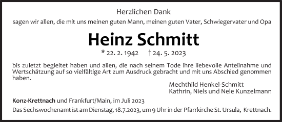 Traueranzeige von Heinz Schmitt von trierischer_volksfreund