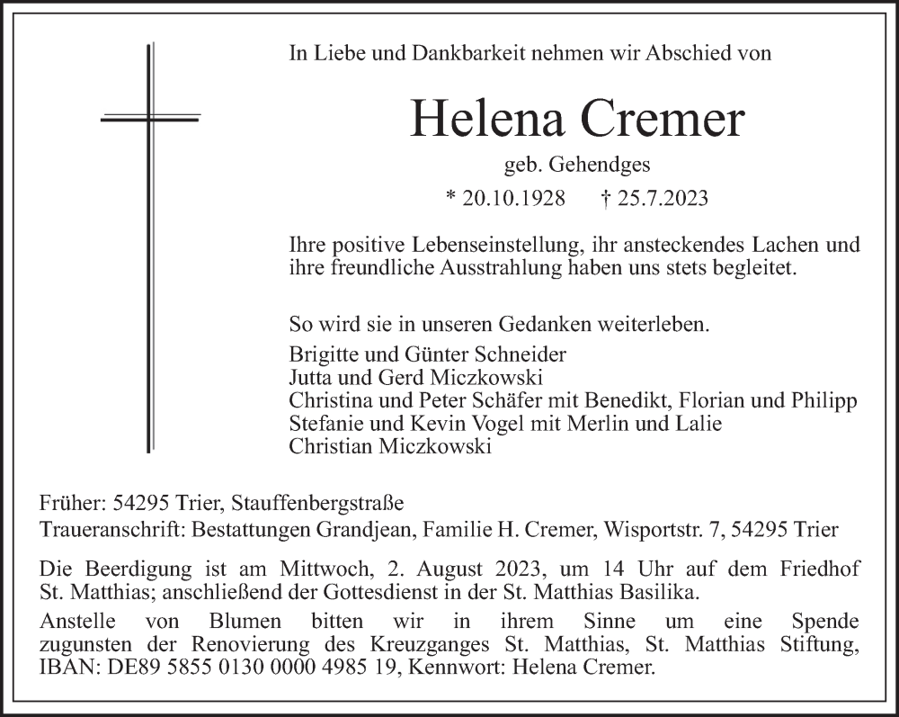 Traueranzeige für Helena Cremer vom 29.07.2023 aus trierischer_volksfreund