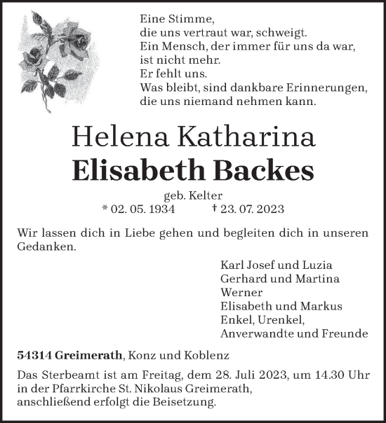 Traueranzeige von Helena Katharina Elisabeth Backes von trierischer_volksfreund