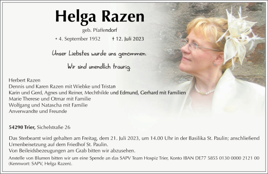 Traueranzeige von Helga Razen von trierischer_volksfreund