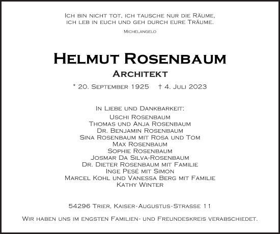 Traueranzeige von Helmut Rosenbaum von trierischer_volksfreund