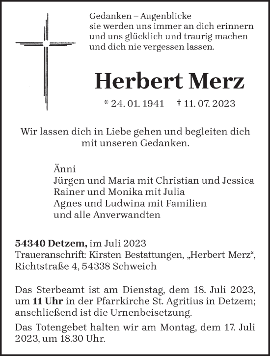 Traueranzeigen Von Herbert Merz | Volksfreund.Trauer.de