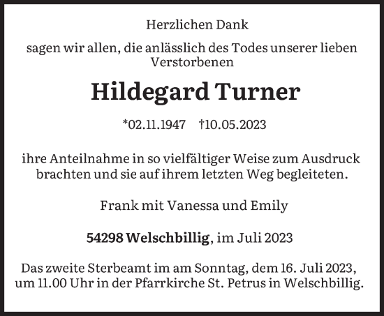 Traueranzeige von Hildegard Turner von trierischer_volksfreund
