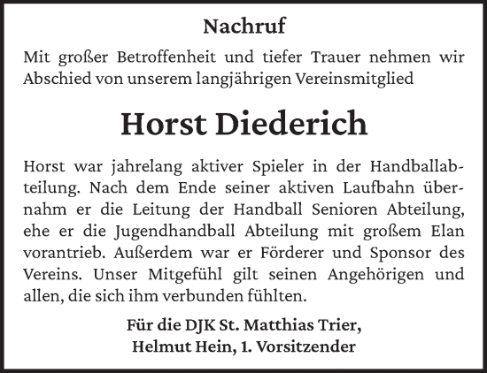 Traueranzeige von Horst Diederich von trierischer_volksfreund