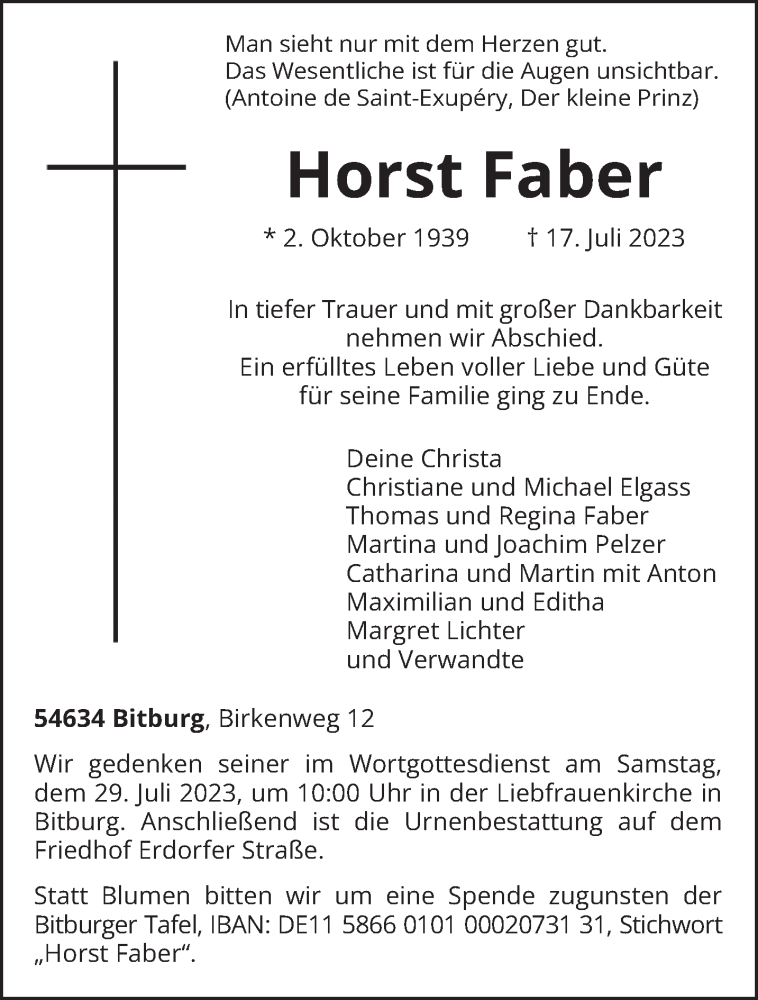  Traueranzeige für Horst Faber vom 21.07.2023 aus trierischer_volksfreund