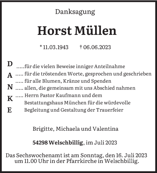 Traueranzeige von Horst Müllen von trierischer_volksfreund