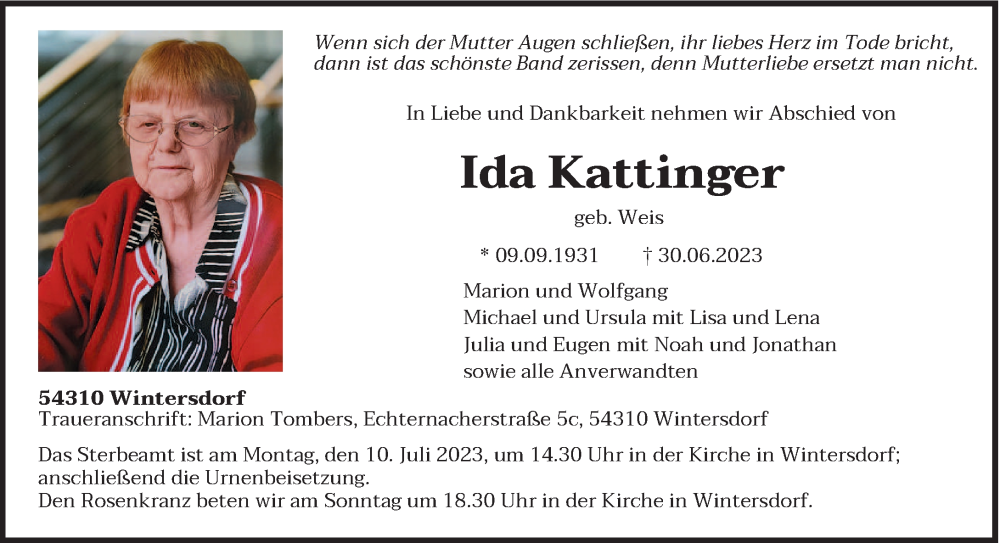  Traueranzeige für Ida Kattinger vom 08.07.2023 aus trierischer_volksfreund