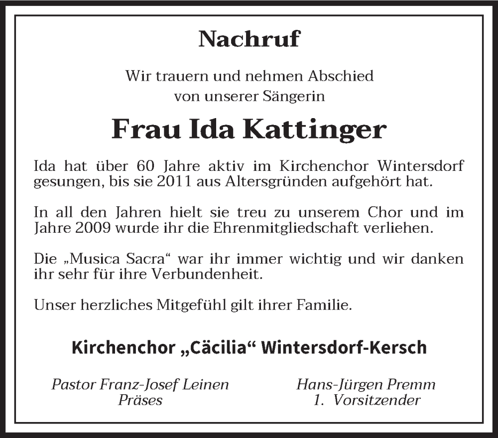  Traueranzeige für Ida Kattinger vom 08.07.2023 aus trierischer_volksfreund