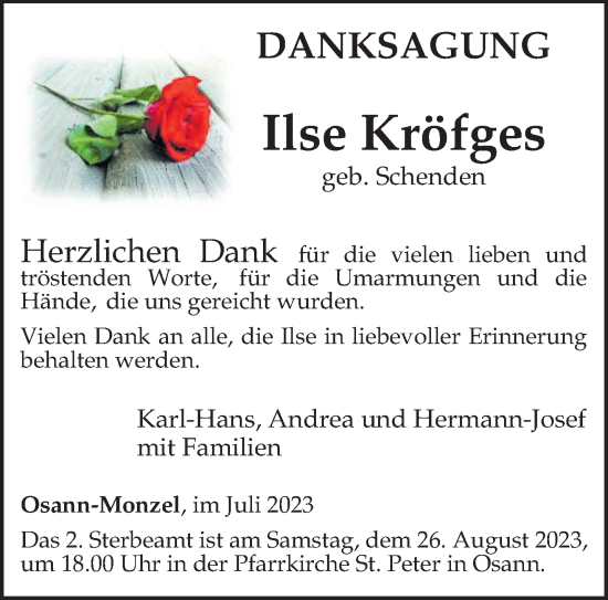 Traueranzeige von Ilse Kröfges von trierischer_volksfreund