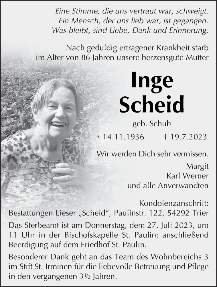  Traueranzeige für Inge Scheid vom 22.07.2023 aus trierischer_volksfreund