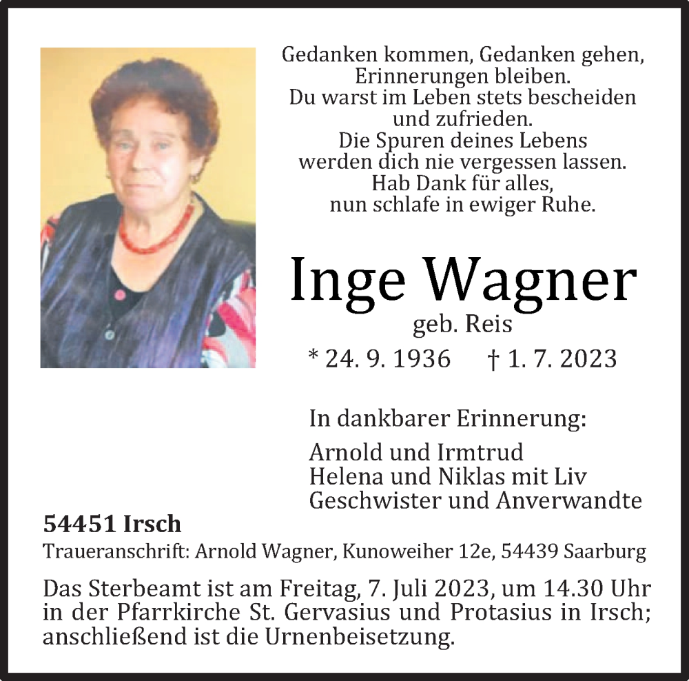 Traueranzeige für Inge Wagner vom 05.07.2023 aus trierischer_volksfreund