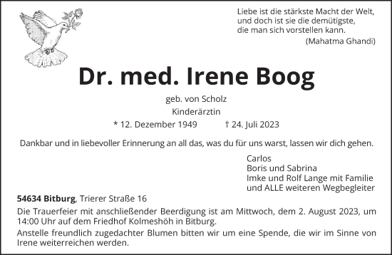 Traueranzeige von Irene Boog von trierischer_volksfreund