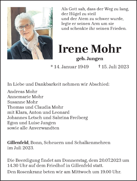 Traueranzeige von Irene Mohr von trierischer_volksfreund
