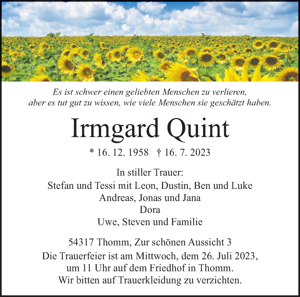  Traueranzeige für Irmgard Quint vom 22.07.2023 aus trierischer_volksfreund