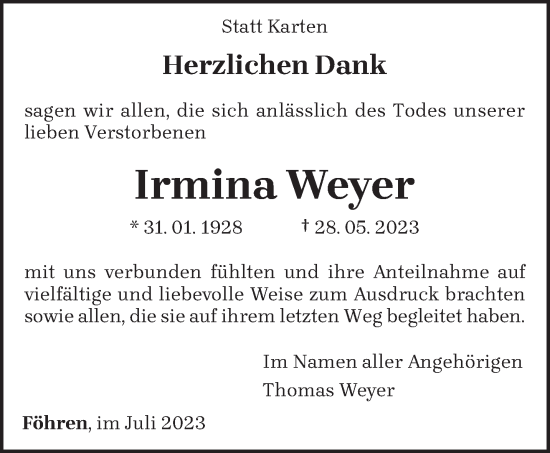 Traueranzeige von Irmina Weyer von trierischer_volksfreund