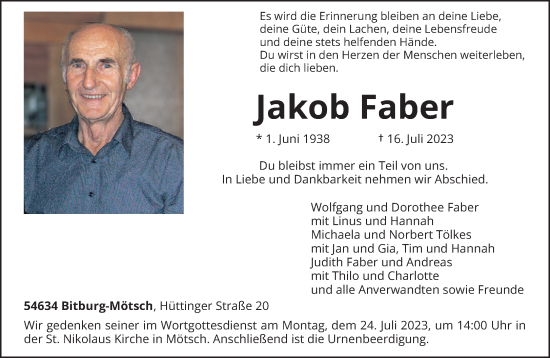 Traueranzeige von Jakob Faber von trierischer_volksfreund