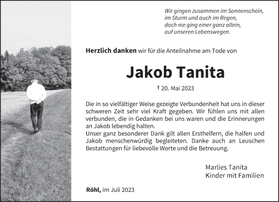 Traueranzeige von Jakob Tanita von trierischer_volksfreund