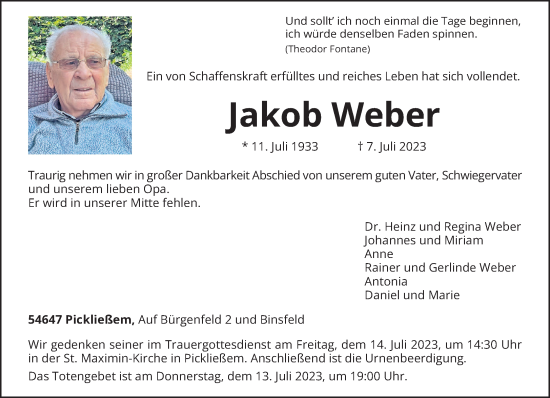 Traueranzeige von Jakob Weber von trierischer_volksfreund