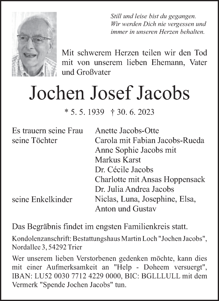 Traueranzeigen von Jochen Josef Jacobs | Volksfreund.Trauer.de