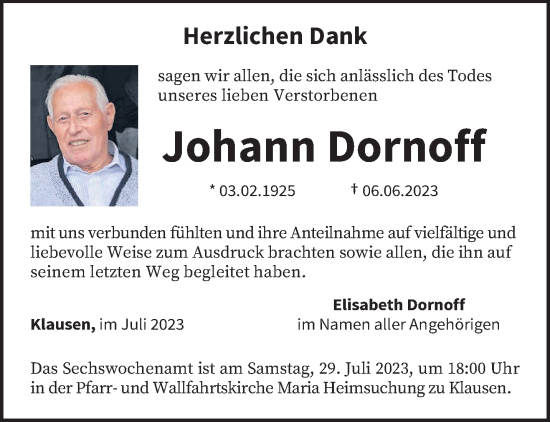 Traueranzeige von Johann Dornoff von trierischer_volksfreund
