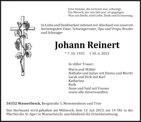 Traueranzeige von Johann Reinert von trierischer_volksfreund
