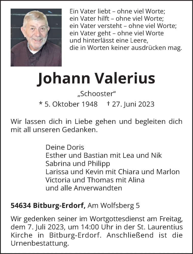  Traueranzeige für Johann Valerius vom 30.06.2023 aus trierischer_volksfreund