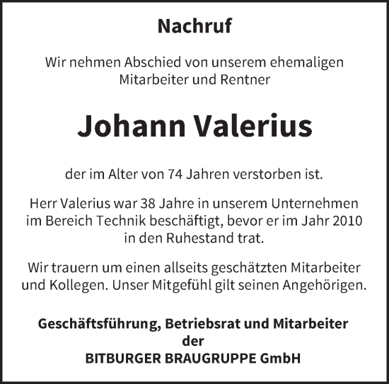 Traueranzeige von Johann Valerius von trierischer_volksfreund