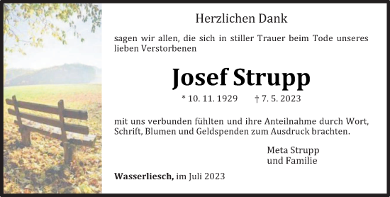 Traueranzeige von Josef Strupp von trierischer_volksfreund