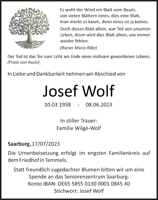 Traueranzeige von Josef Wolf von trierischer_volksfreund