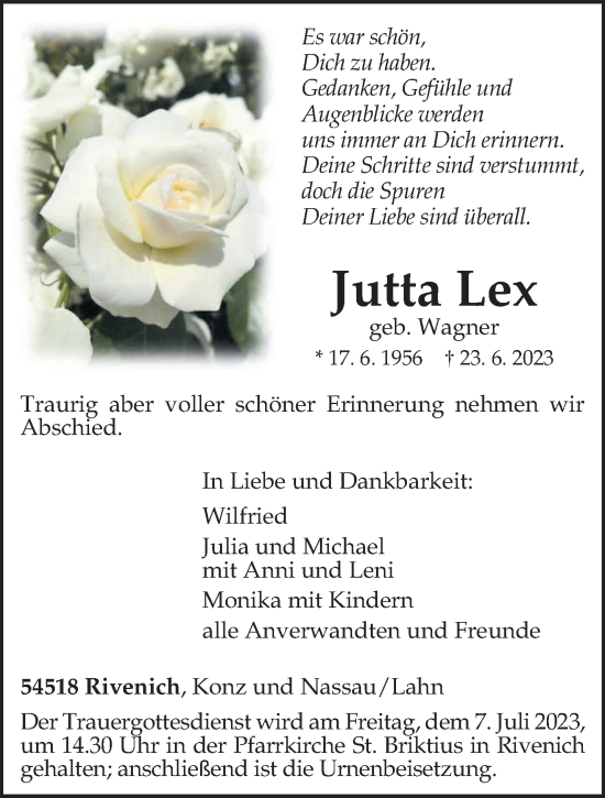 Traueranzeige von Jutta Lex von trierischer_volksfreund