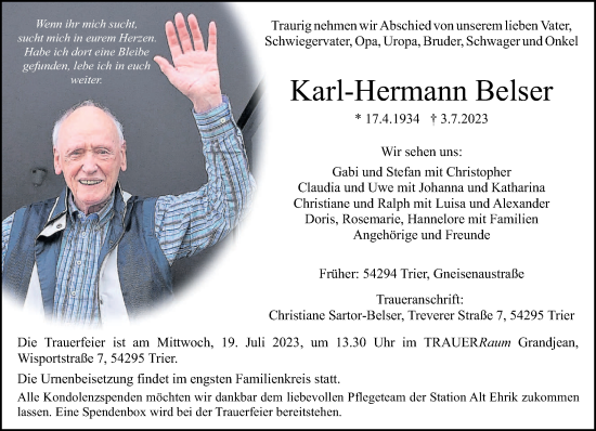 Traueranzeige von Karl-Hermann Belser von trierischer_volksfreund