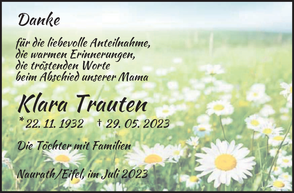  Traueranzeige für Klara Trauten vom 29.07.2023 aus trierischer_volksfreund