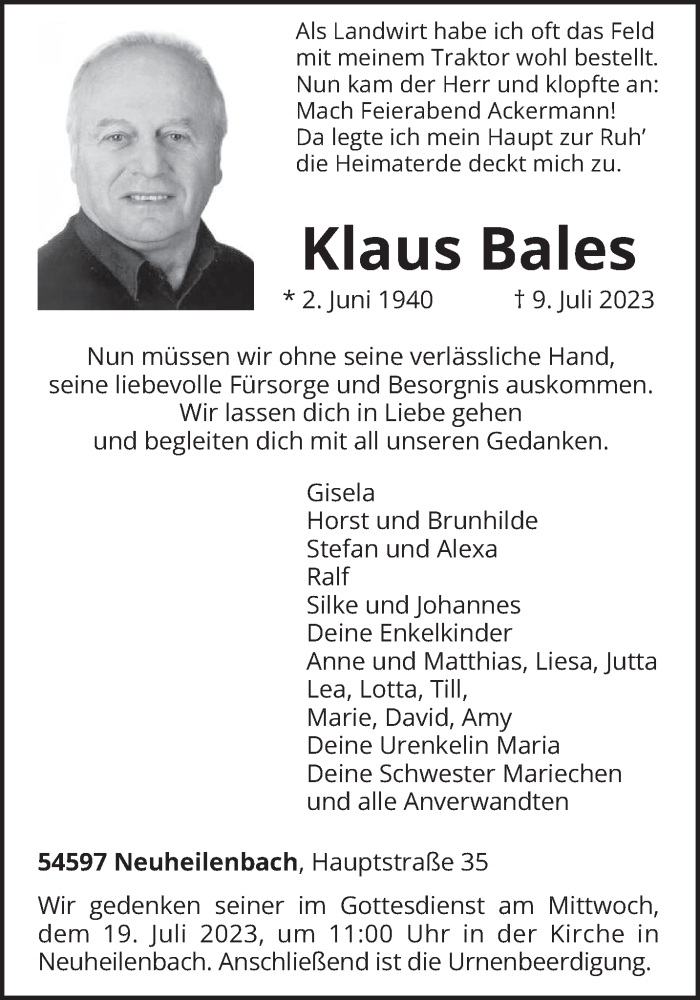  Traueranzeige für Klaus Bales vom 12.07.2023 aus trierischer_volksfreund