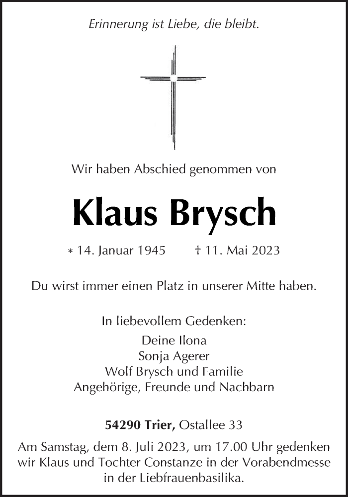 Traueranzeige für Klaus Brysch vom 01.07.2023 aus trierischer_volksfreund