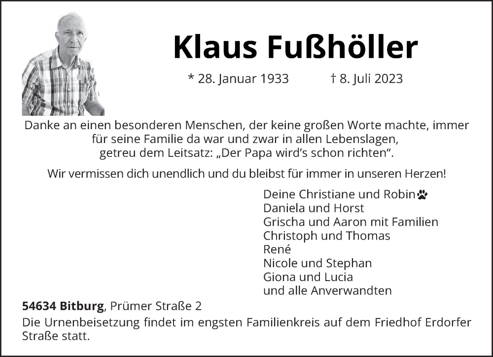  Traueranzeige für Klaus Fußhöller vom 22.07.2023 aus trierischer_volksfreund