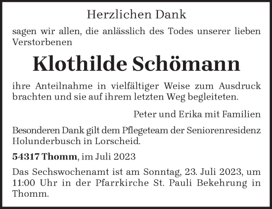 Traueranzeige von Klothilde Schömann von trierischer_volksfreund