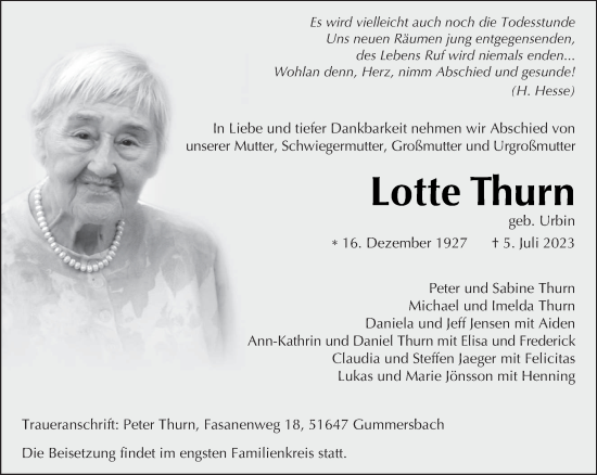 Traueranzeige von Lotte Thurn von trierischer_volksfreund