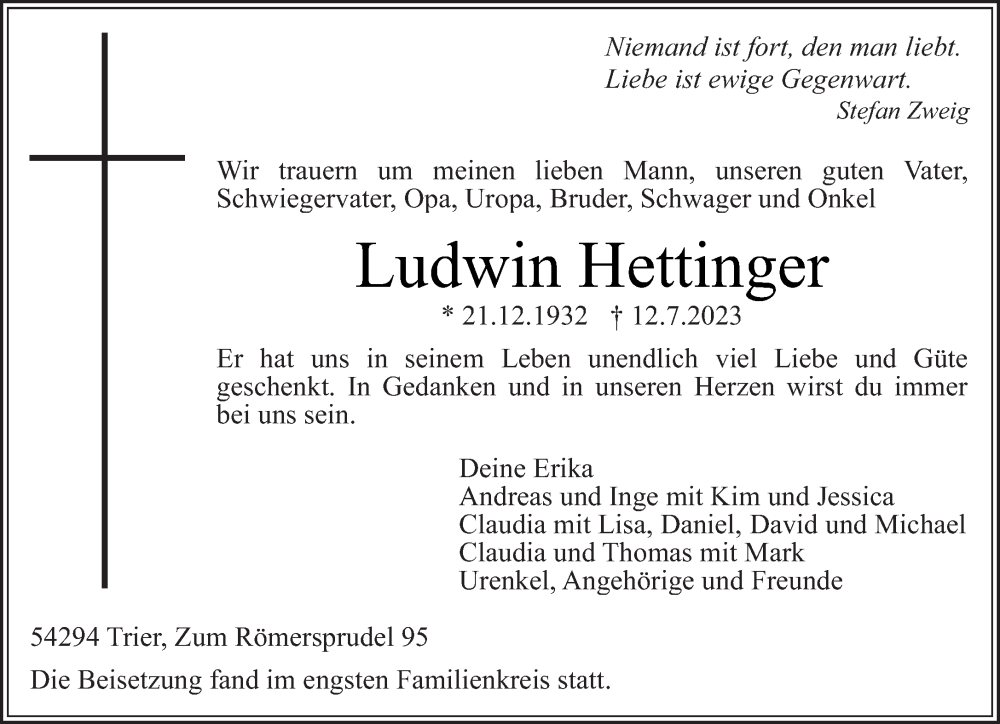  Traueranzeige für Ludwin Hettinger vom 26.07.2023 aus trierischer_volksfreund