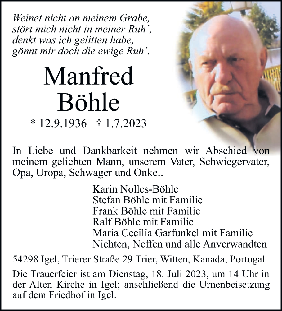  Traueranzeige für Manfred Böhle vom 15.07.2023 aus trierischer_volksfreund