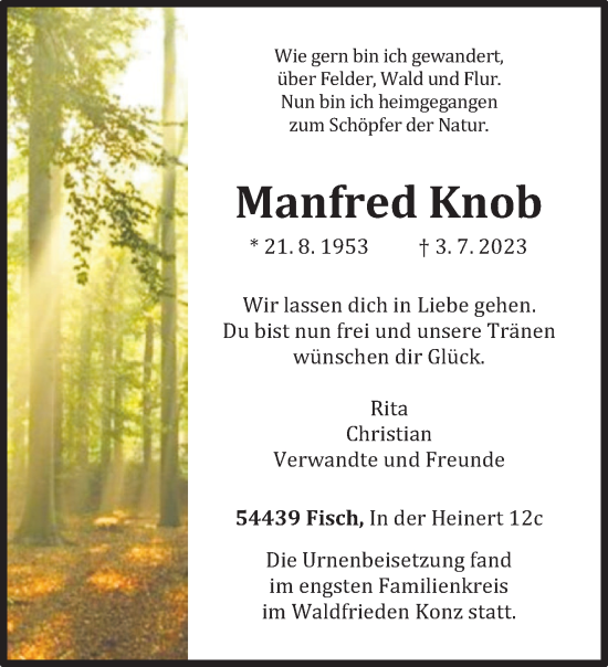 Traueranzeige von Manfred Knob von trierischer_volksfreund