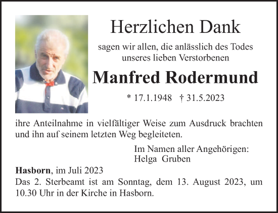 Traueranzeige von Manfred Rodermund von trierischer_volksfreund