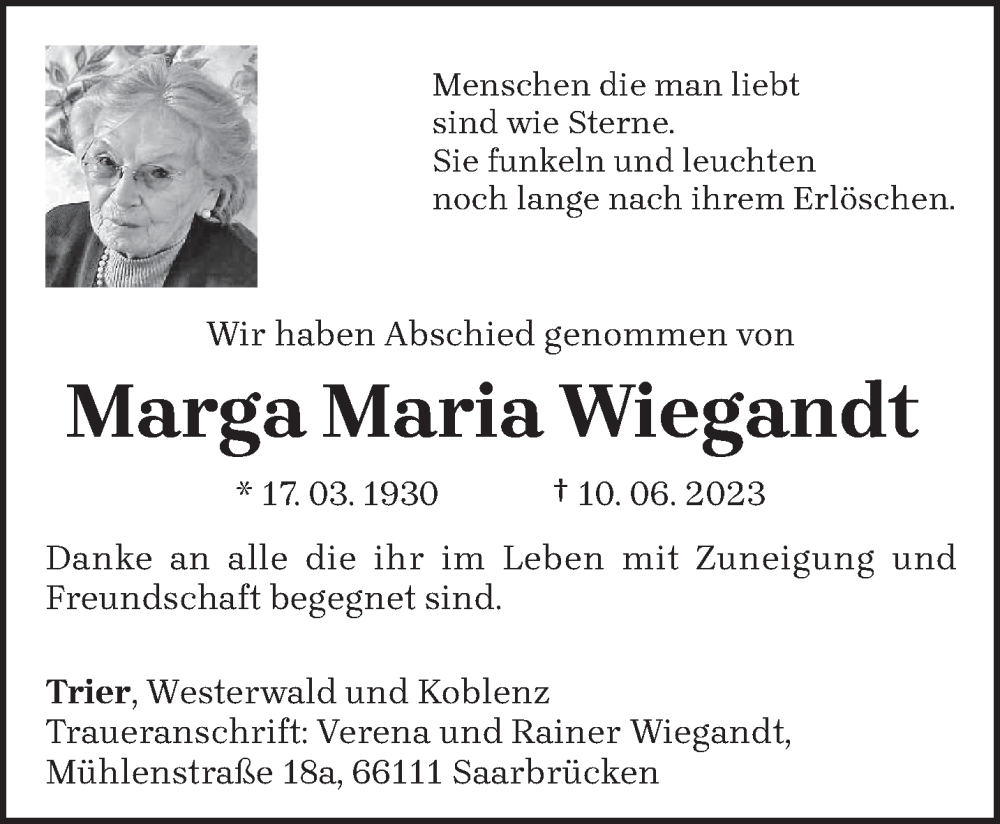  Traueranzeige für Marga Maria Wiegandt vom 15.07.2023 aus trierischer_volksfreund